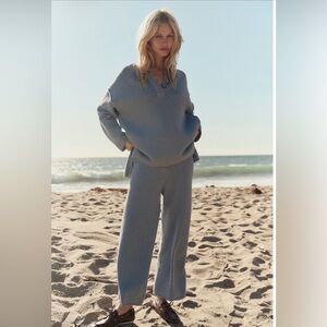 FREE PEOPLE Hailee Sweater Set XS Navy Blue Knit Sweater and Pants